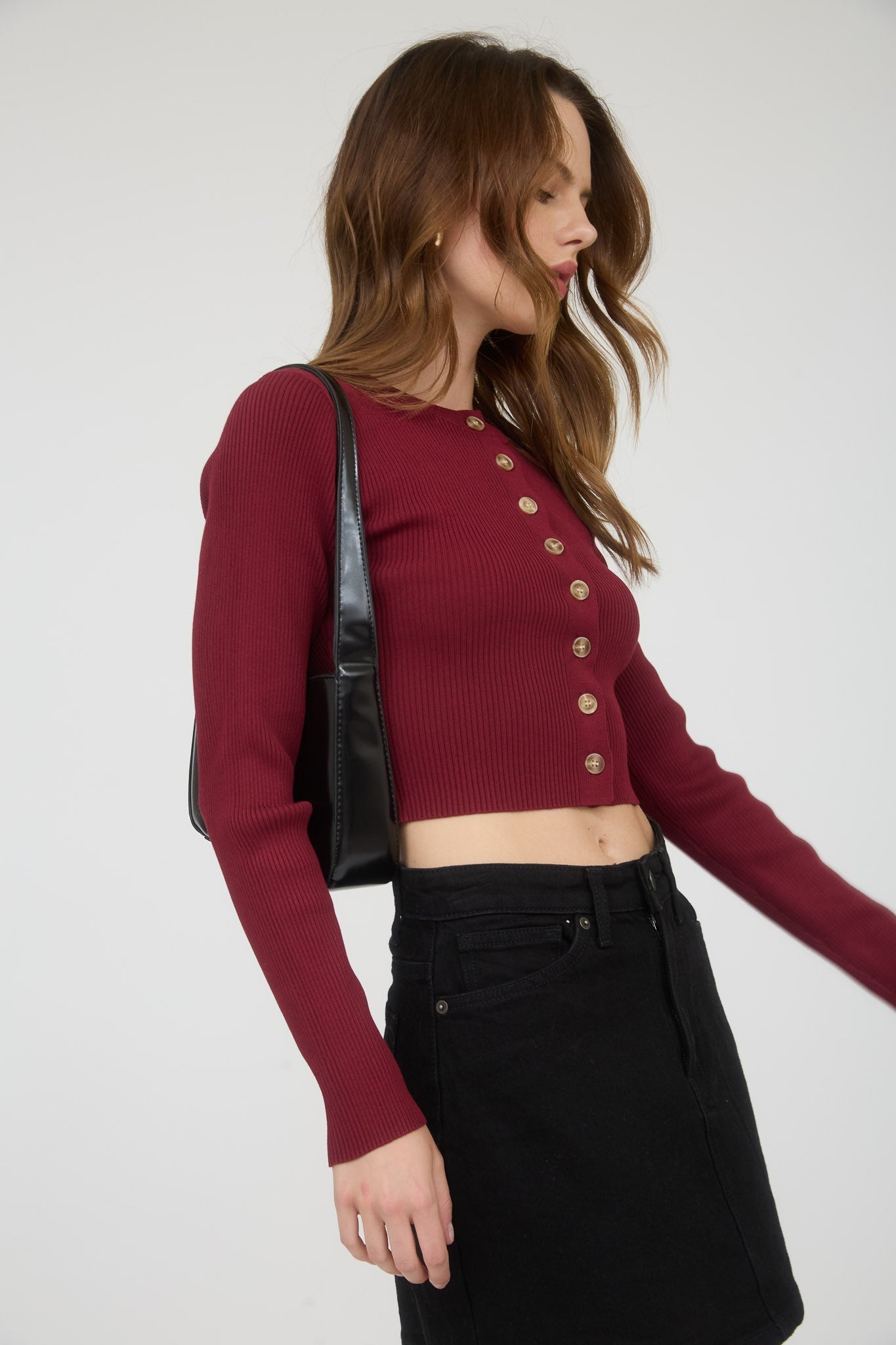  Josie Rib Knit Cropped Cardigan, Red Wood