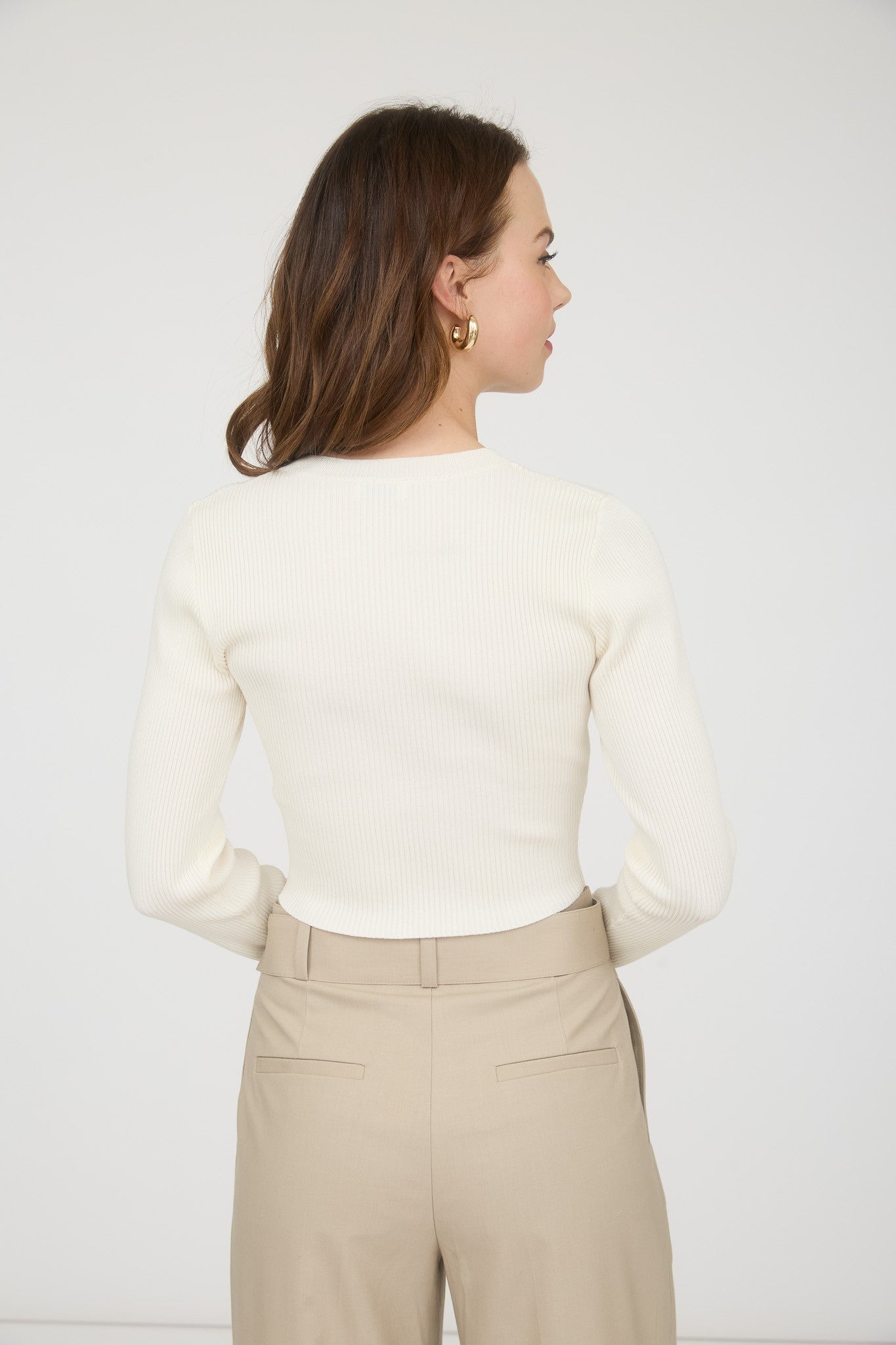  Josie Rib Knit Cropped Cardigan, Cream