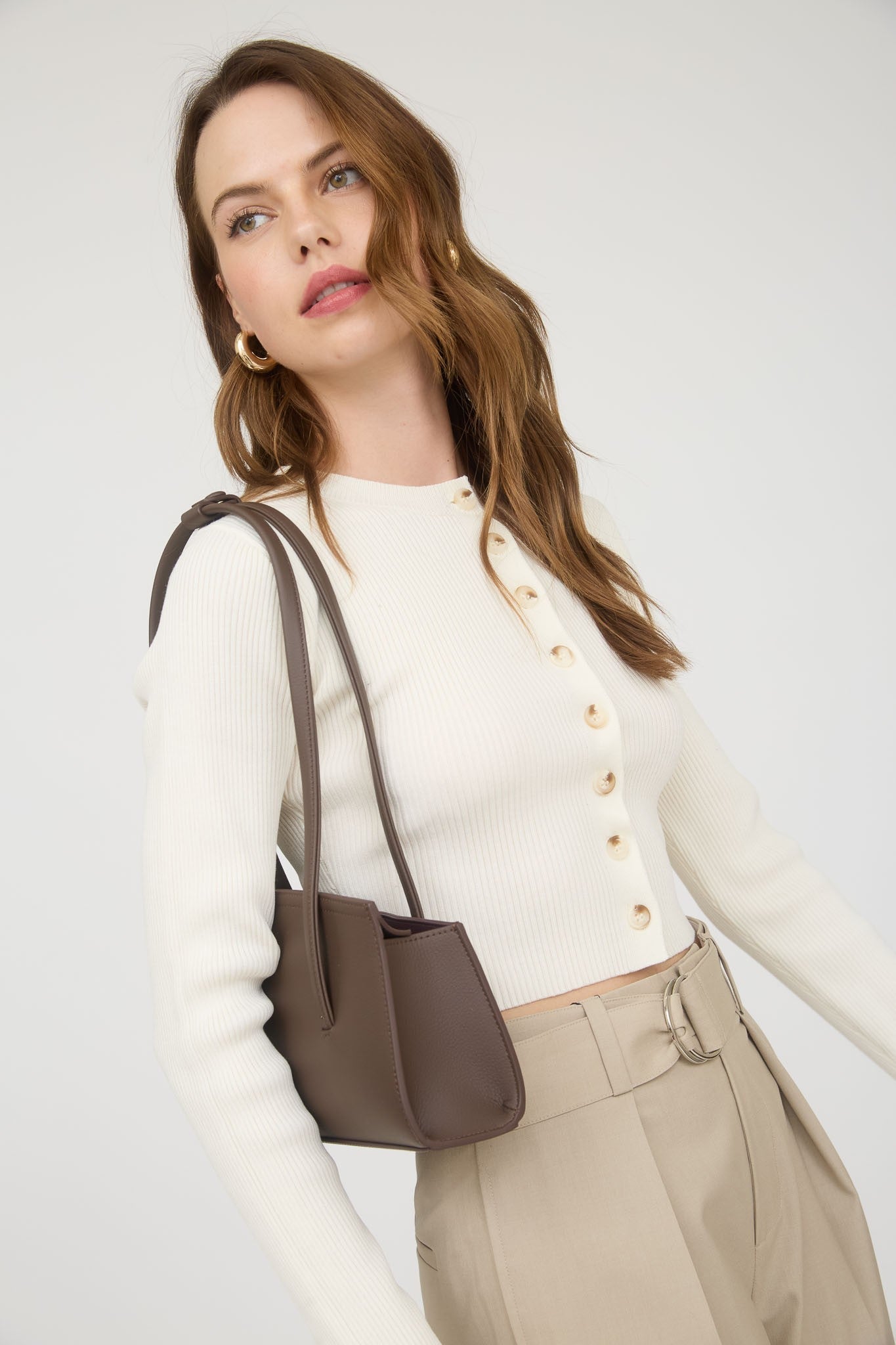  Josie Rib Knit Cropped Cardigan, Cream