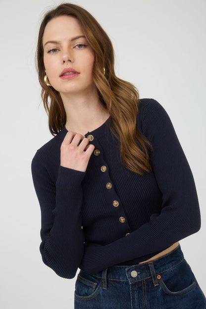  Josie Rib Knit Cropped Cardigan, Navy