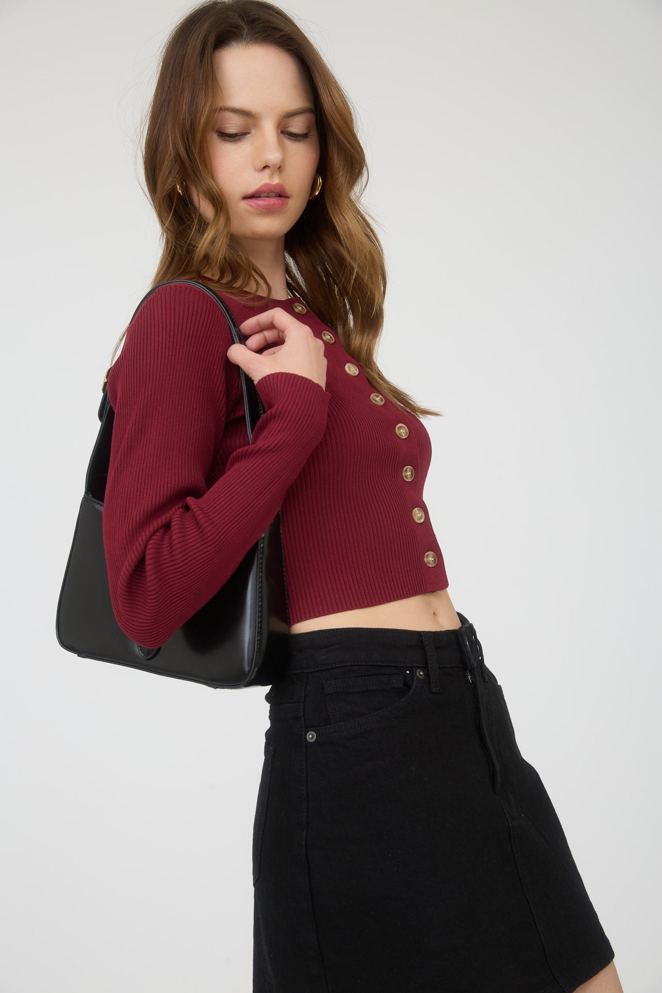  Josie Rib Knit Cropped Cardigan, Red Wood