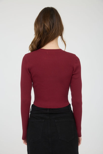  Josie Rib Knit Cropped Cardigan, Red Wood