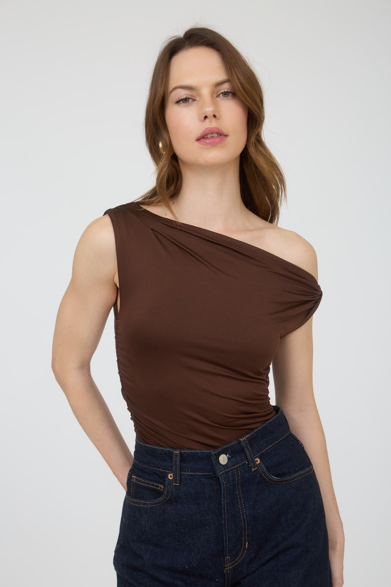  Delia Asymmetrical Off Shoulder Top, Chocolate