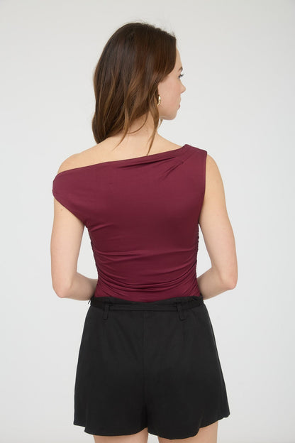  Delia Asymmetrical Off Shoulder Top, Burgundy
