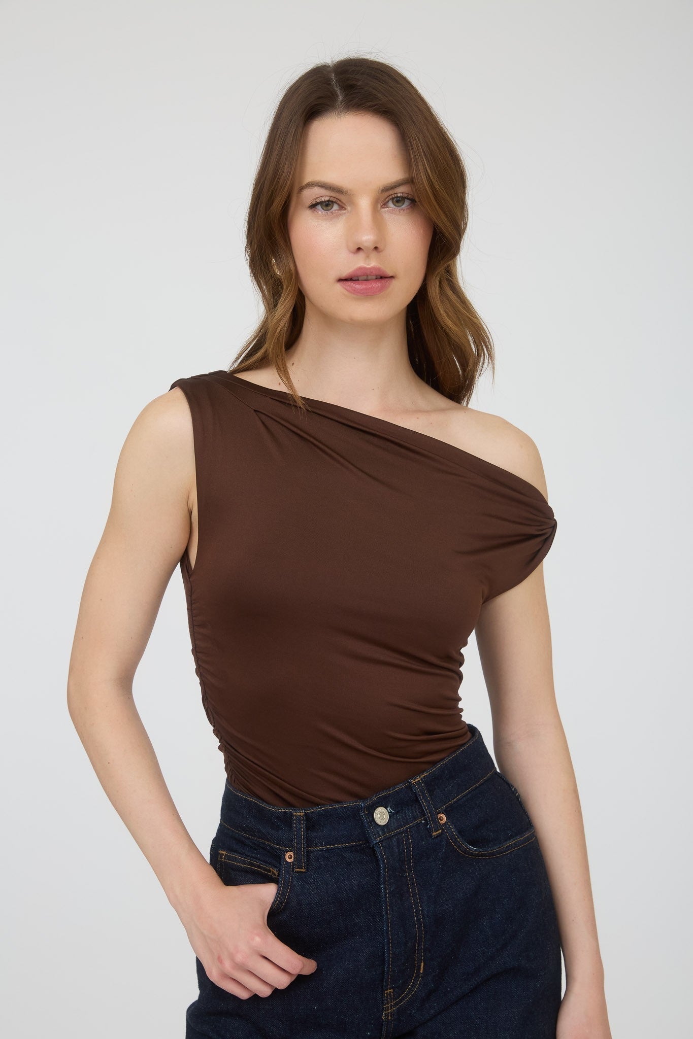  Delia Asymmetrical Off Shoulder Top, Chocolate