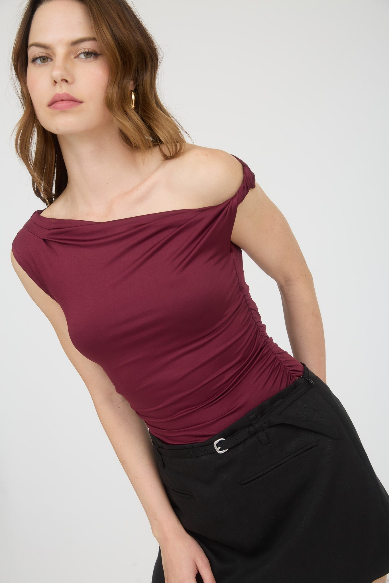  Delia Asymmetrical Off Shoulder Top, Burgundy