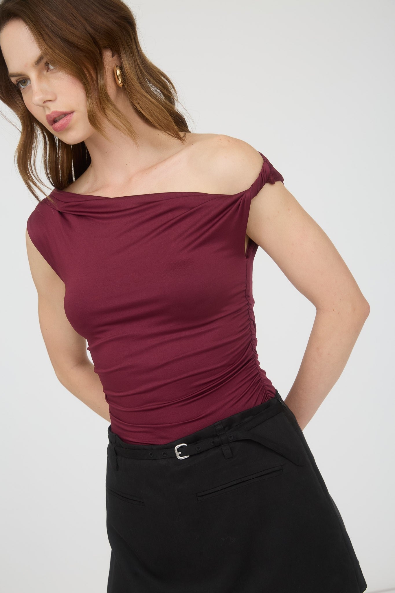  Delia Asymmetrical Off Shoulder Top, Burgundy