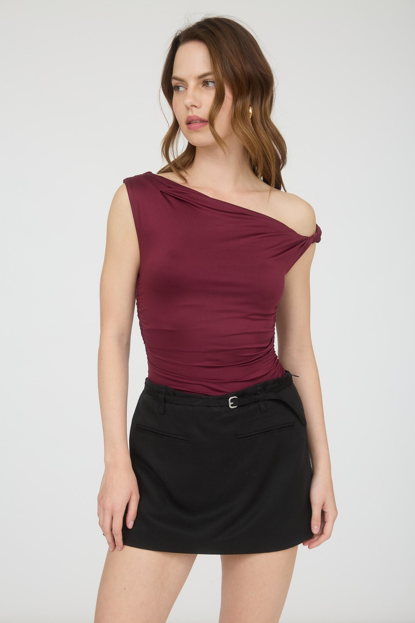  Delia Asymmetrical Off Shoulder Top, Burgundy