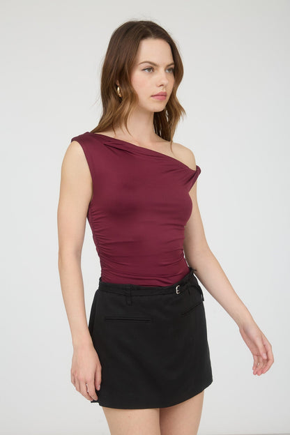  Delia Asymmetrical Off Shoulder Top, Burgundy