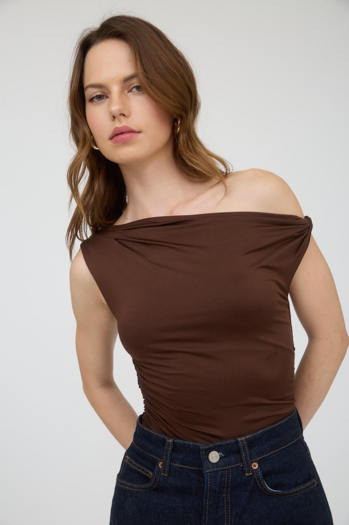  Delia Asymmetrical Off Shoulder Top, Chocolate
