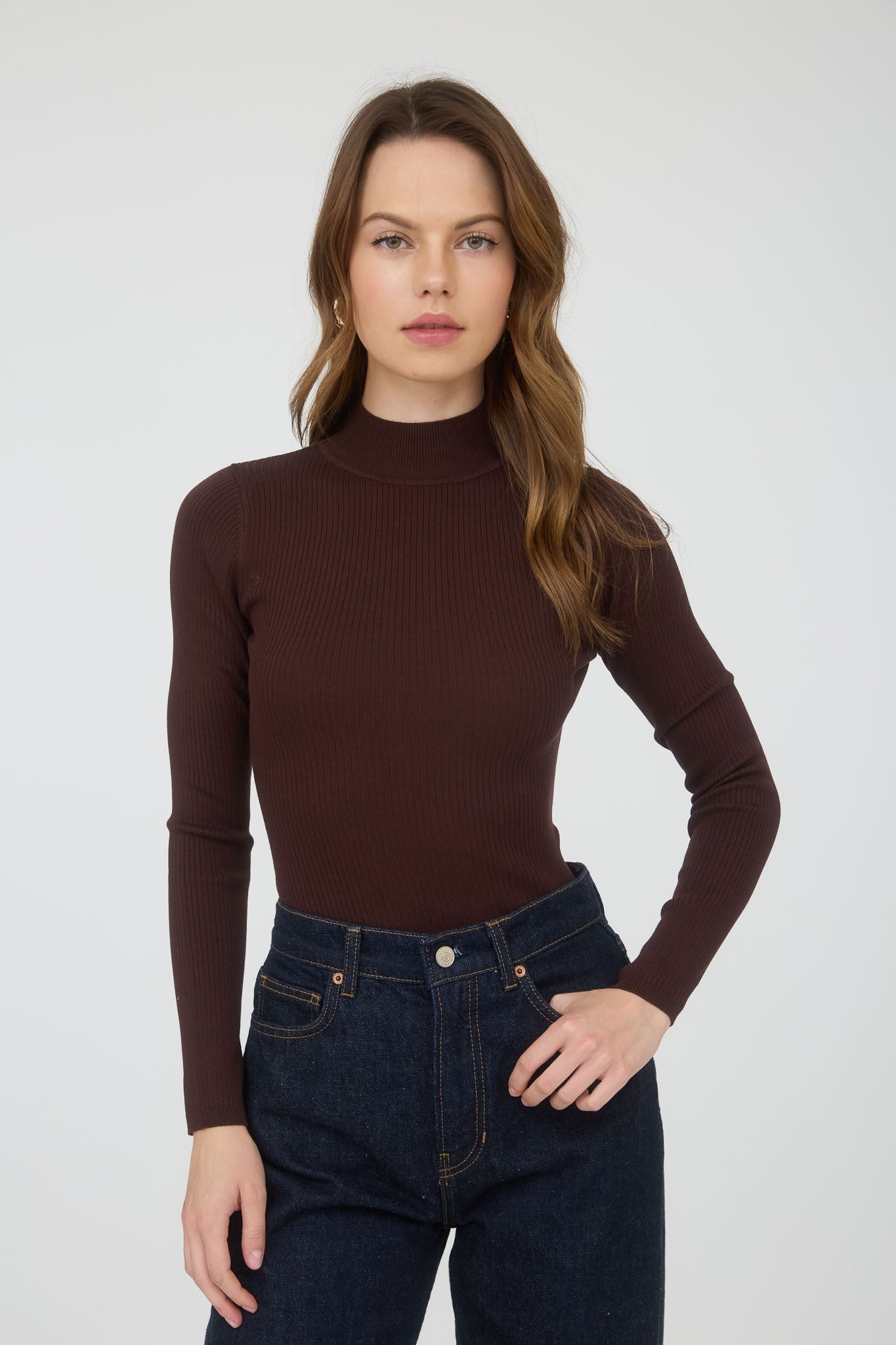  Bella High Neck Ribbed Bodysuit, Brown