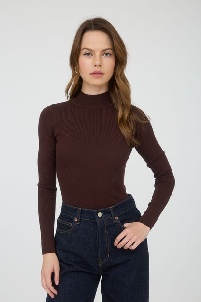  Bella High Neck Ribbed Bodysuit, Brown