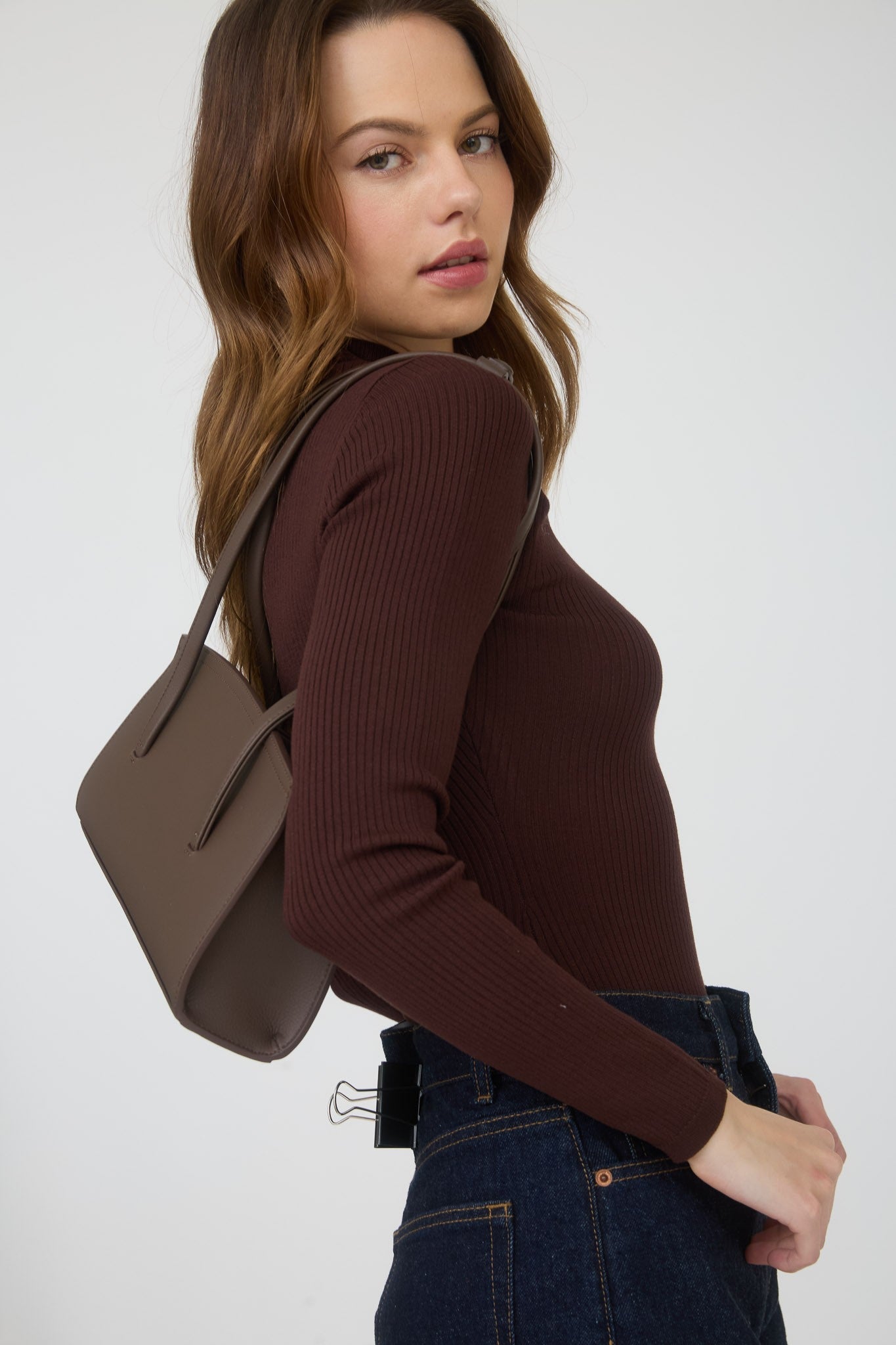  Bella High Neck Ribbed Bodysuit, Brown
