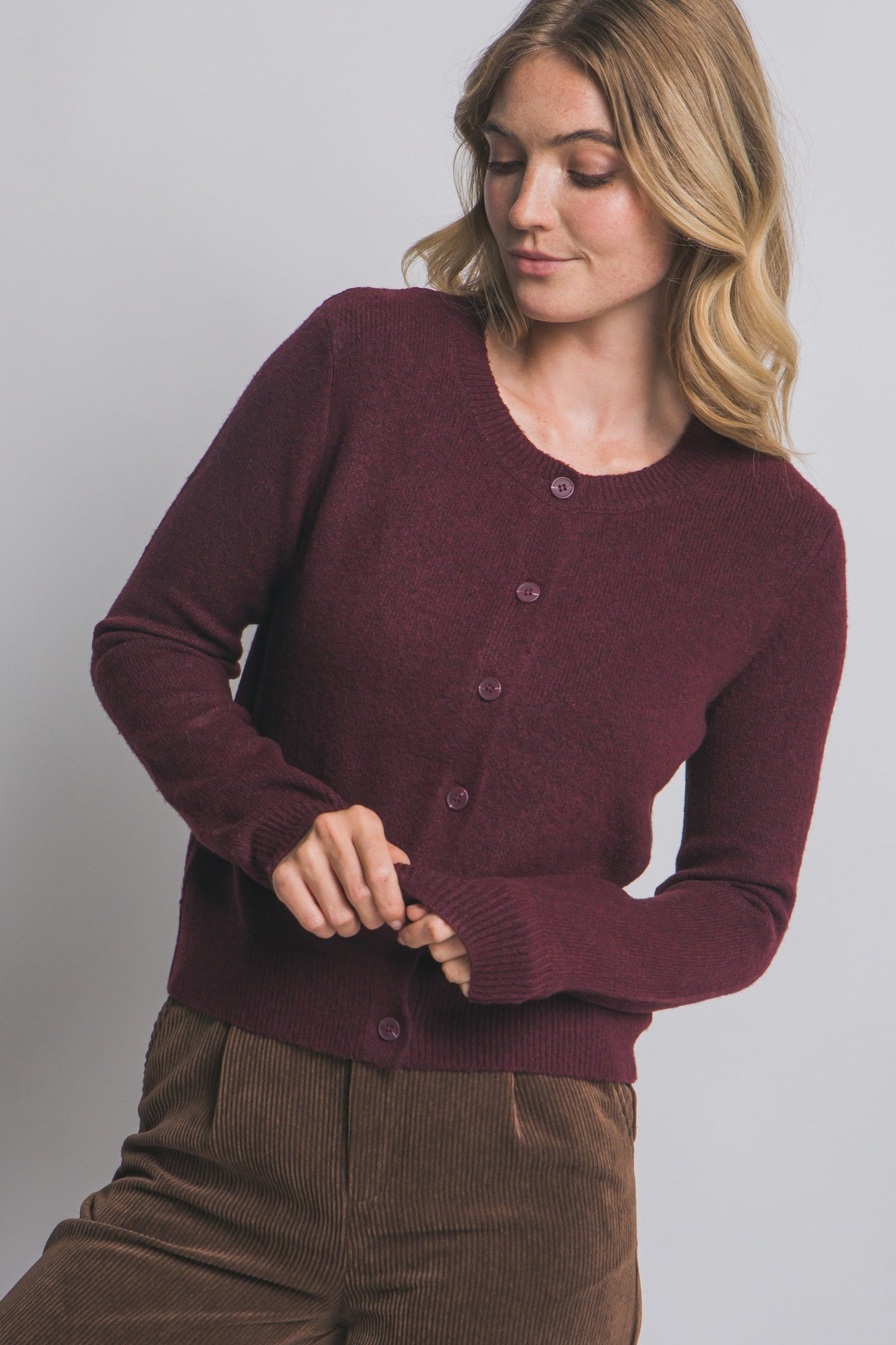  Maria Round Neck Cardigan, Burgundy