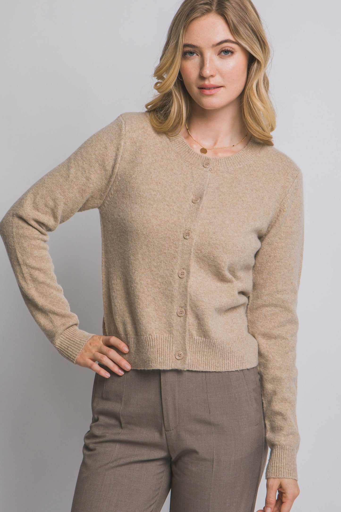  Maria Round Neck Cardigan, Khaki