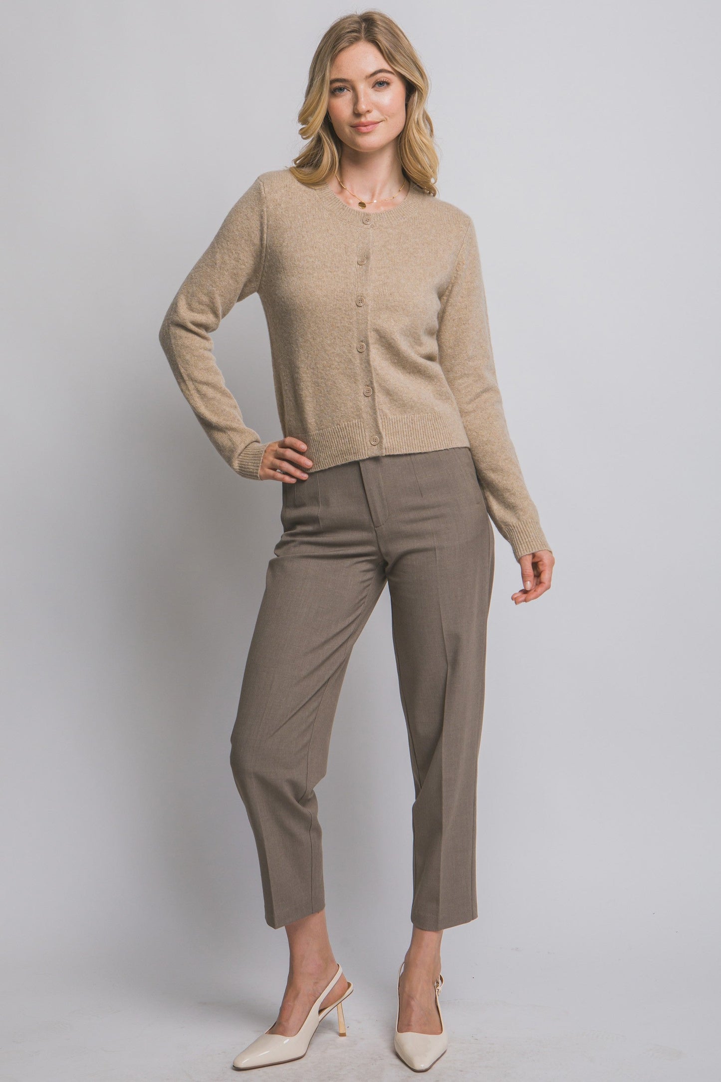  Maria Round Neck Cardigan, Khaki