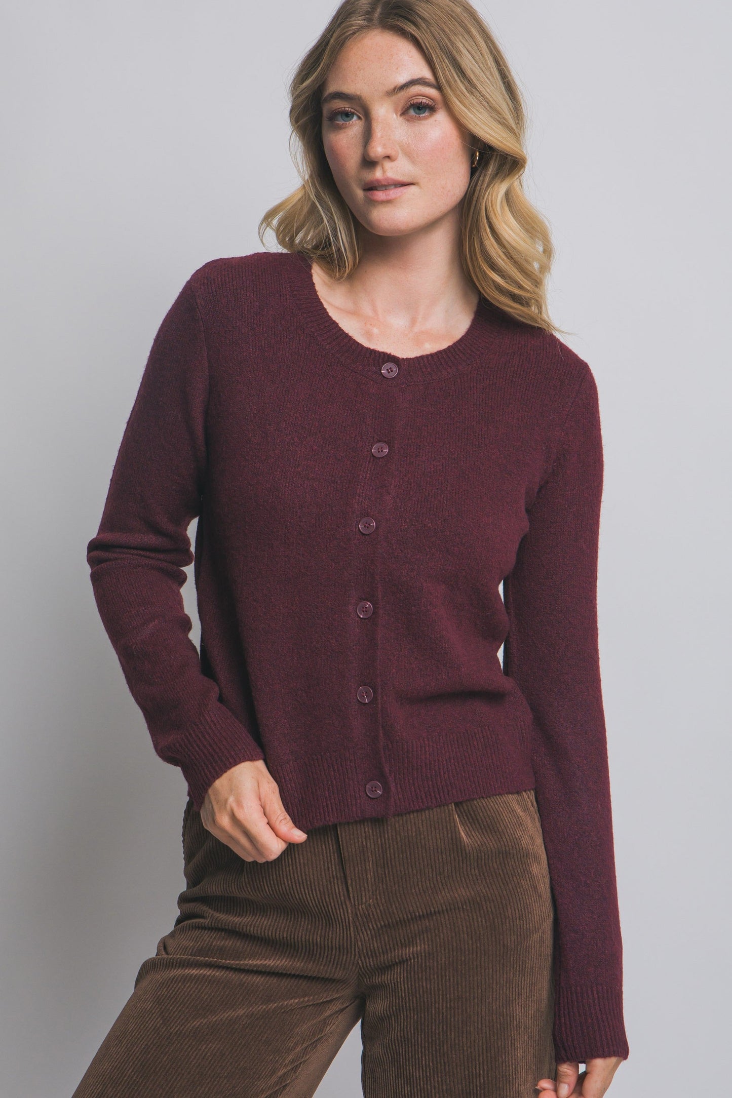  Maria Round Neck Cardigan, Burgundy