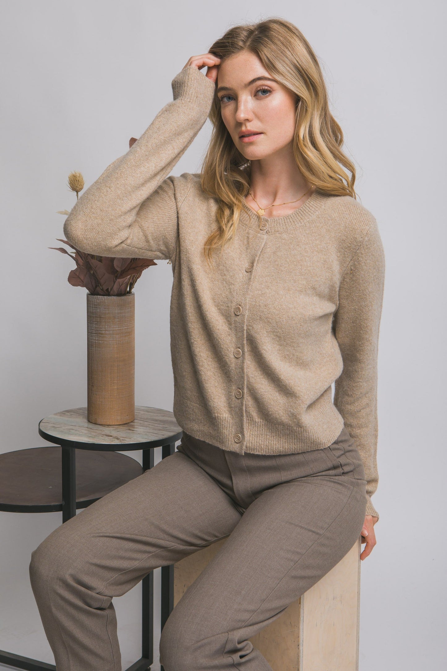  Maria Round Neck Cardigan, Khaki