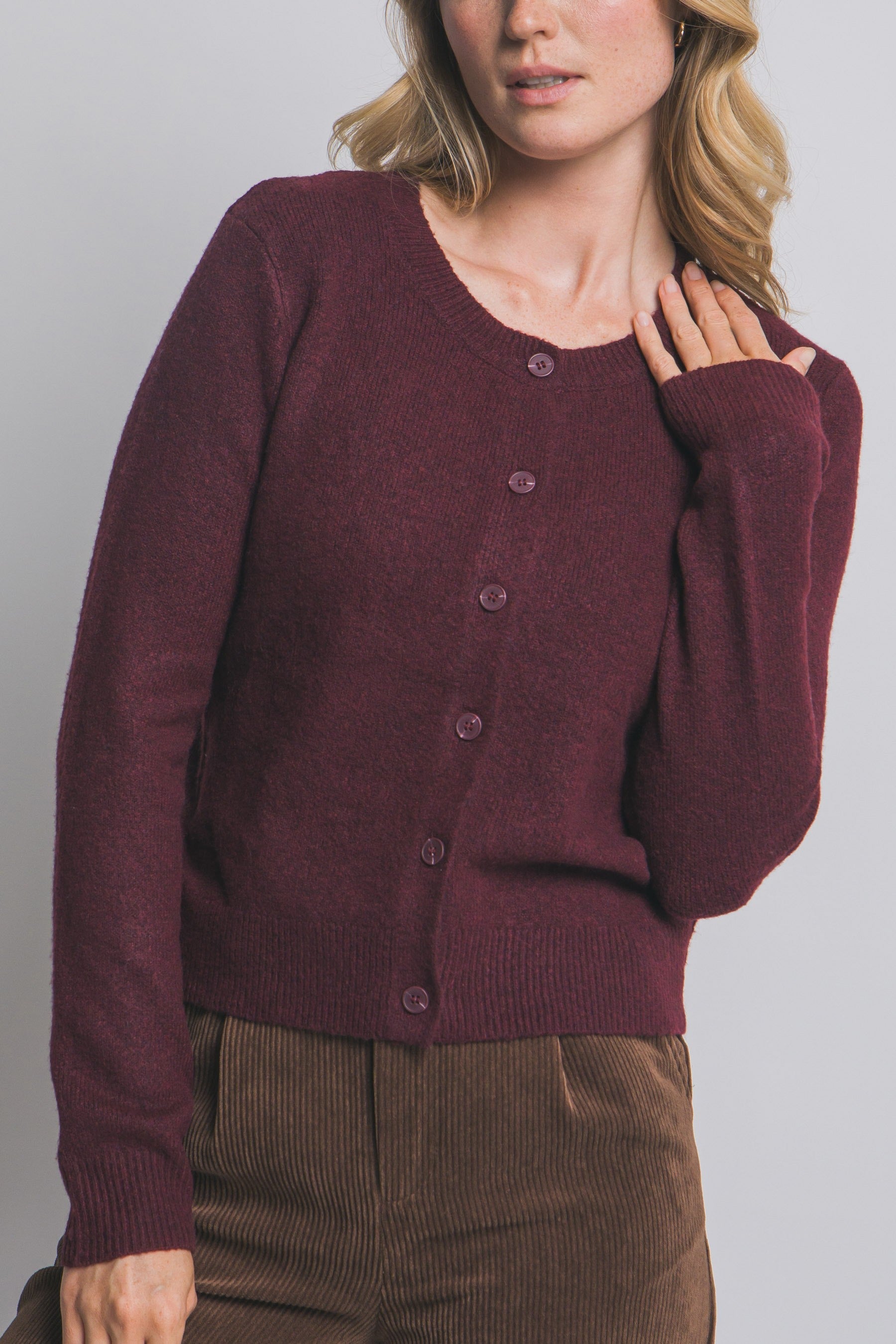  Maria Round Neck Cardigan, Burgundy