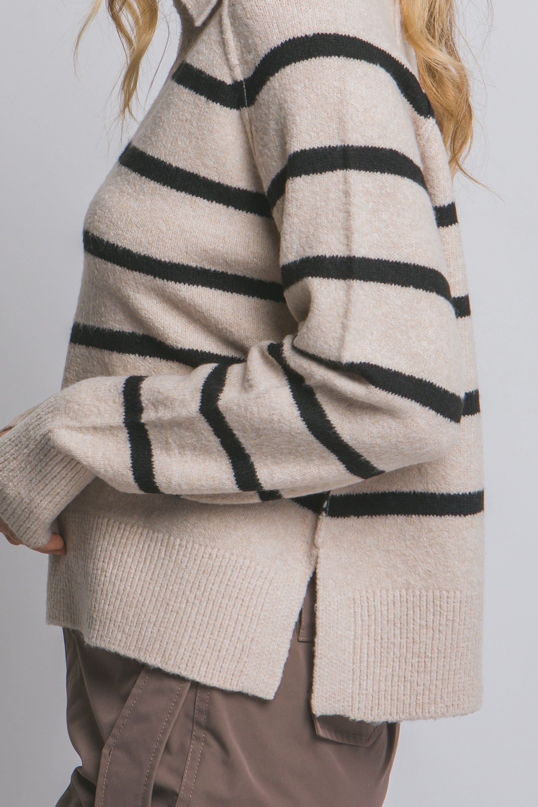  Maeve Collared V-Neck Striped Sweater, Beige
