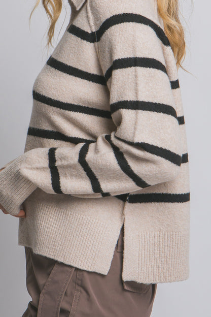  Maeve Collared V-Neck Striped Sweater, Beige