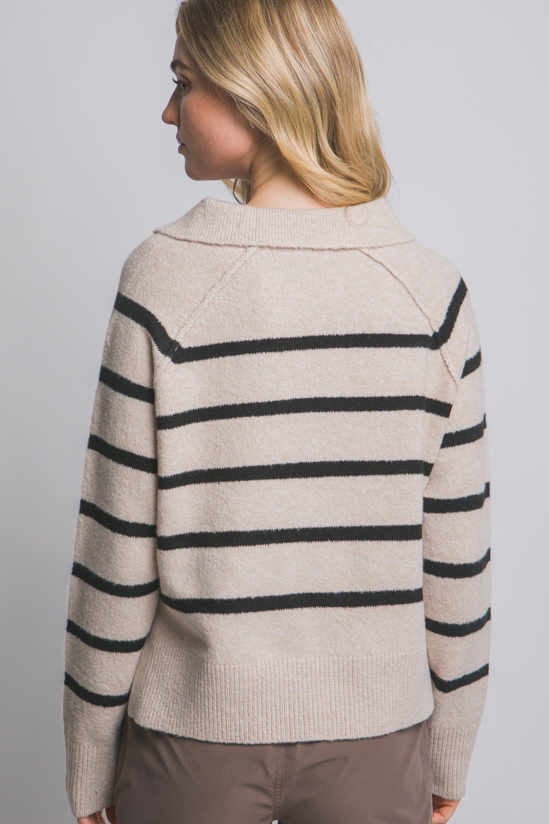  Maeve Collared V-Neck Striped Sweater, Beige