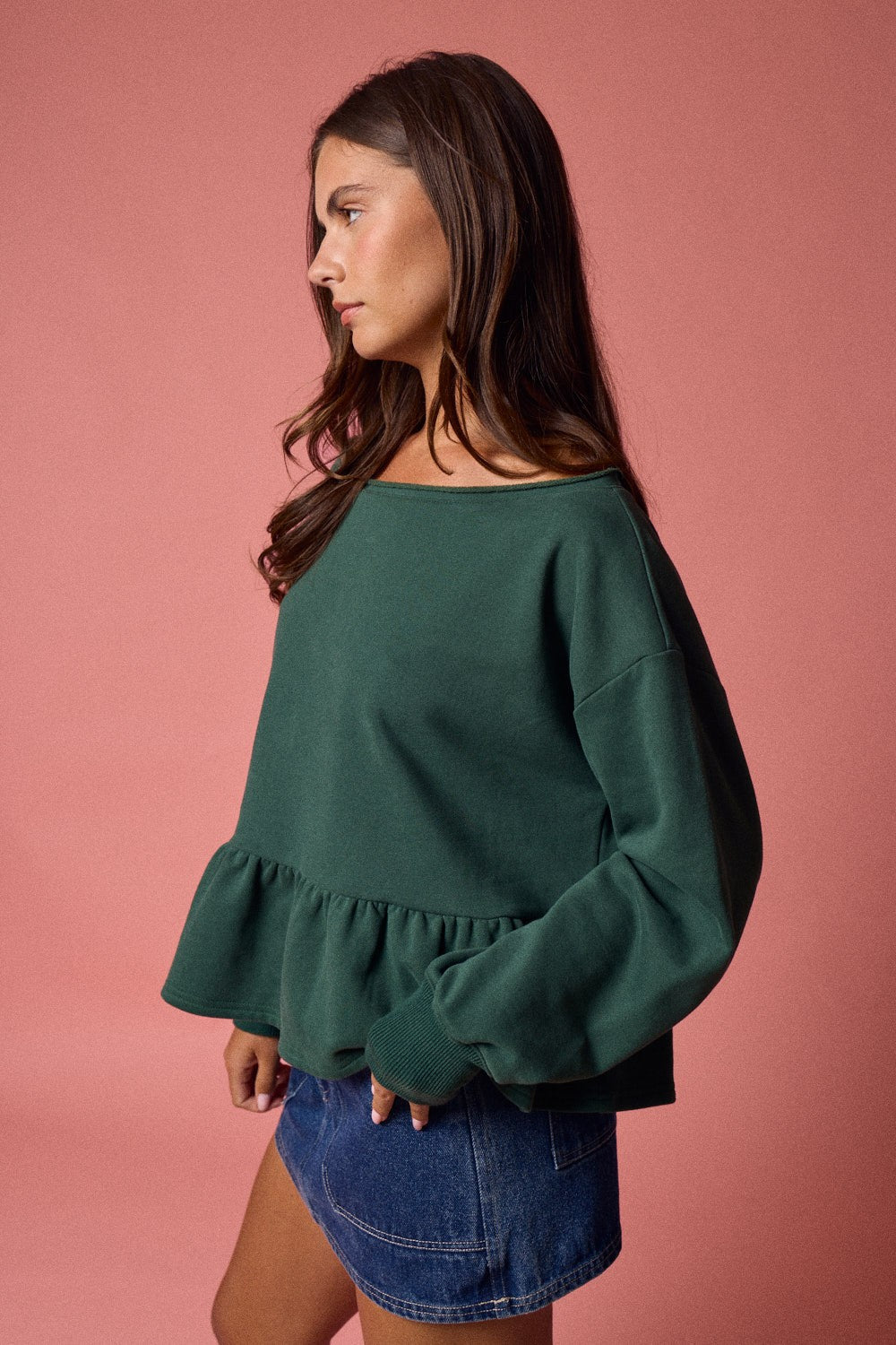  Arabella Peplum Hem Sweatshirt, Hunter Green