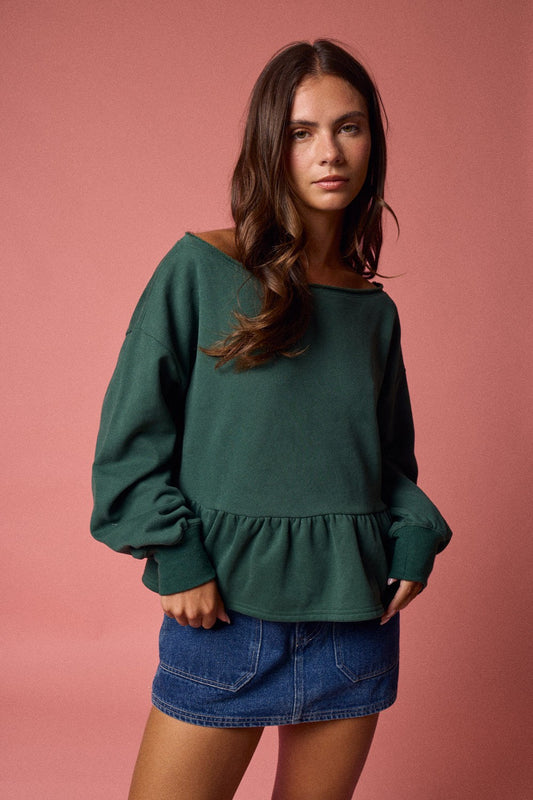  Arabella Peplum Hem Sweatshirt, Hunter Green