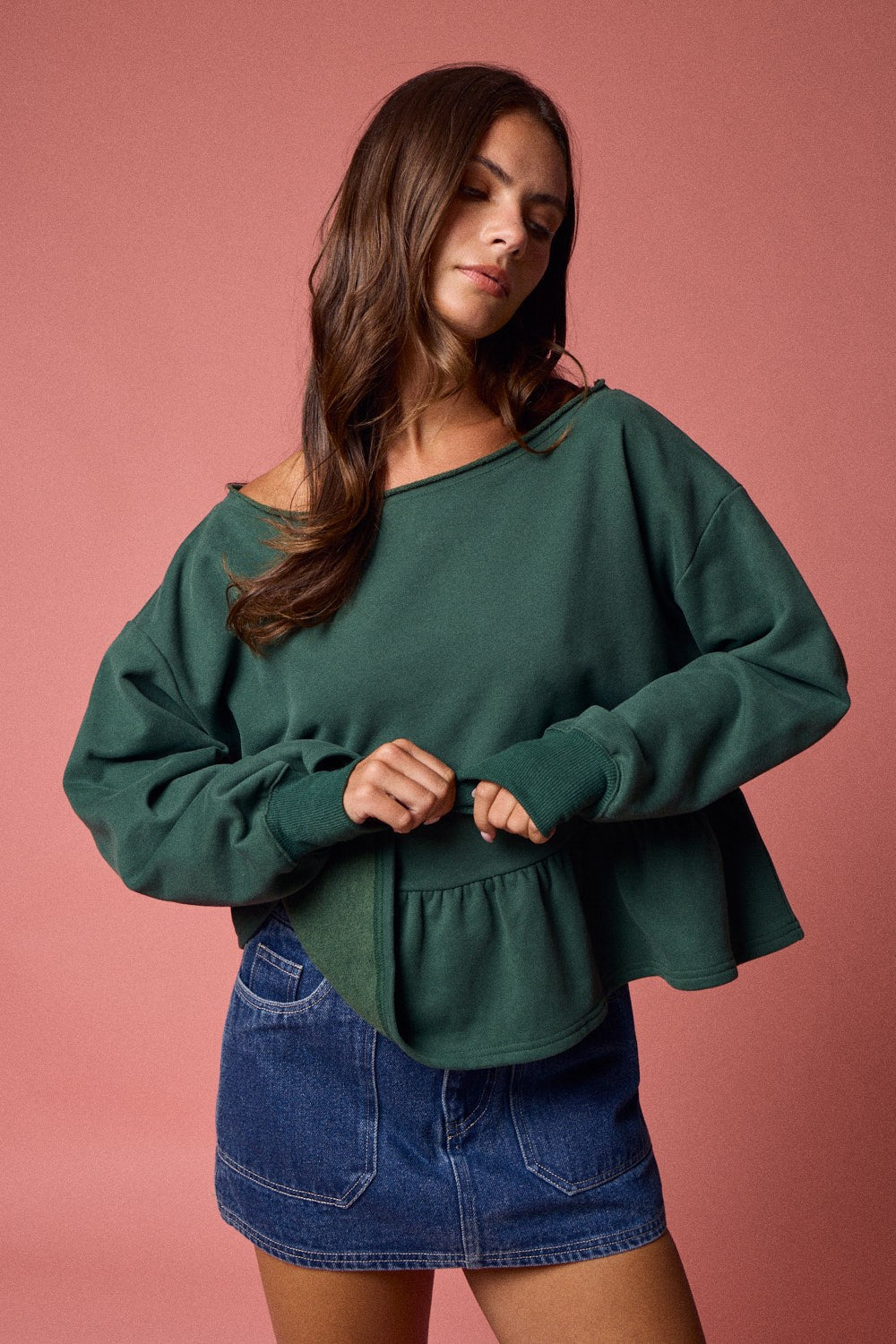  Arabella Peplum Hem Sweatshirt, Hunter Green