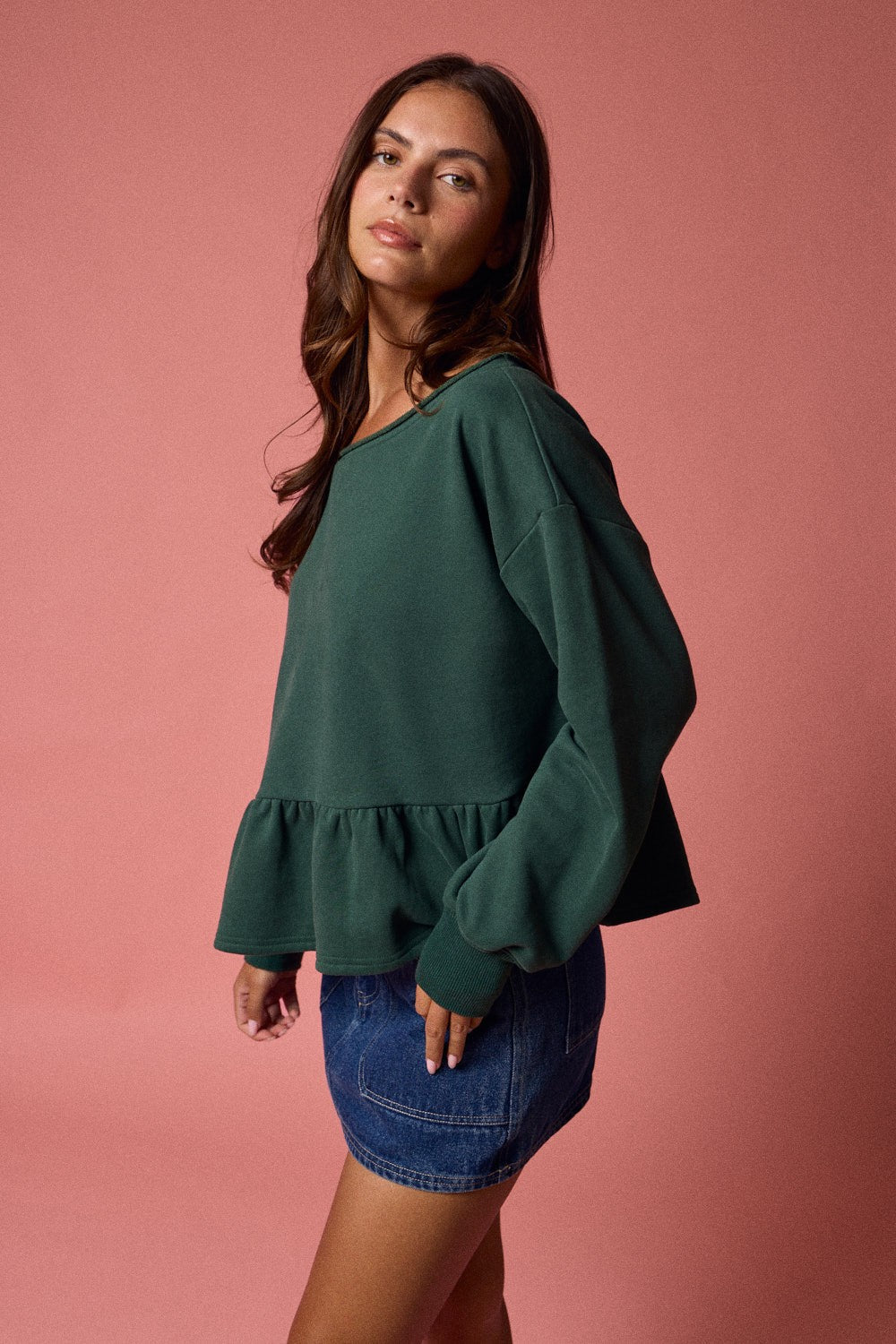  Arabella Peplum Hem Sweatshirt, Hunter Green