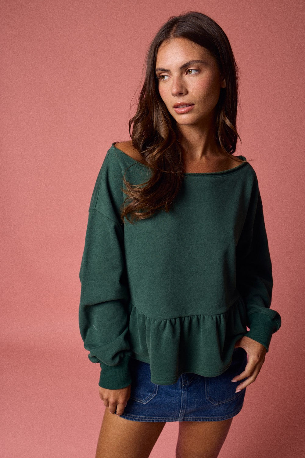  Arabella Peplum Hem Sweatshirt, Hunter Green