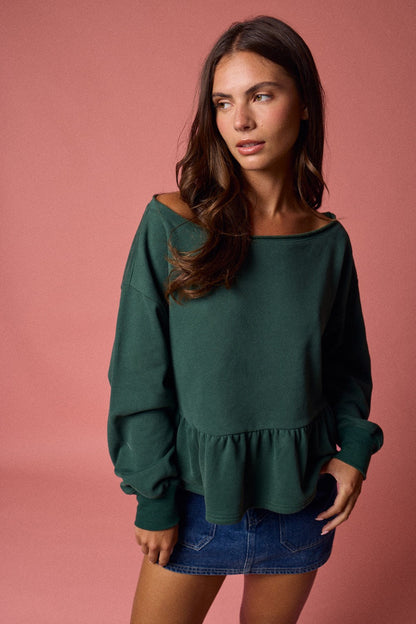  Arabella Peplum Hem Sweatshirt, Hunter Green
