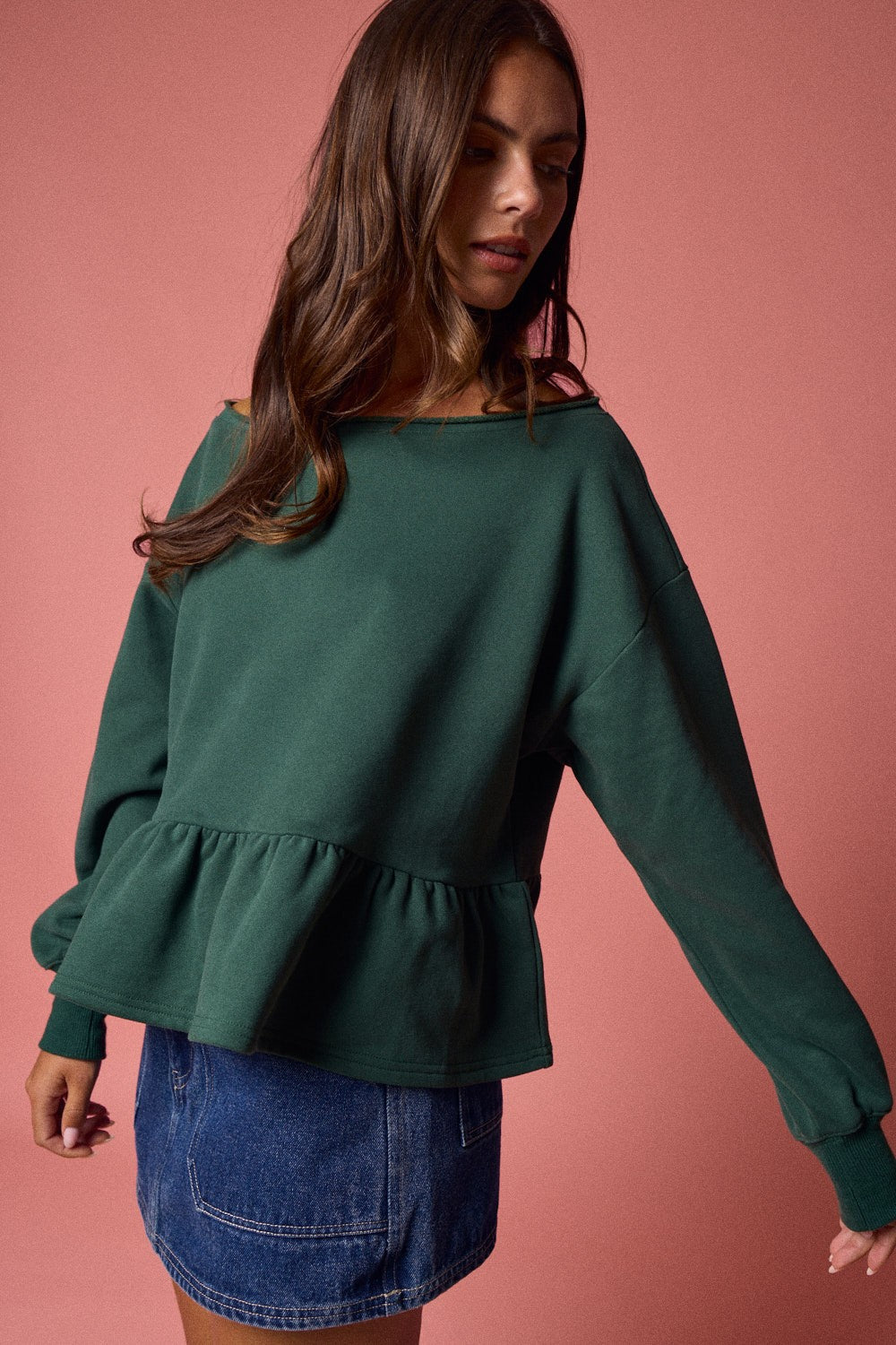  Arabella Peplum Hem Sweatshirt, Hunter Green
