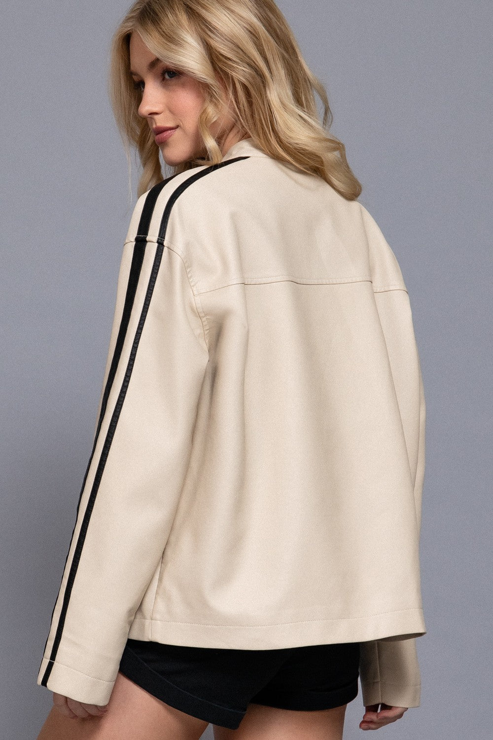  Noa Line Detail Faux Leather Jacket, Ecru