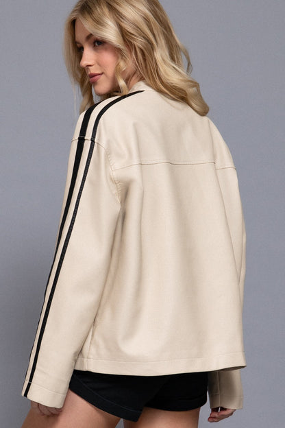  Noa Line Detail Faux Leather Jacket, Ecru