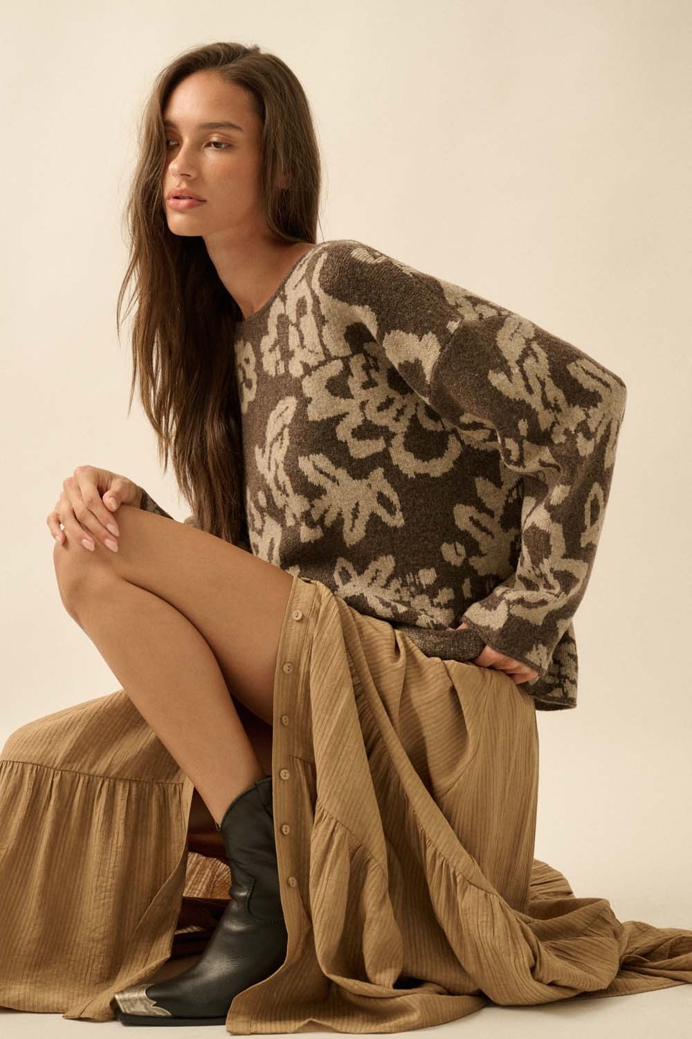  Hailey Floral Jacquard Sweater, Chocolate