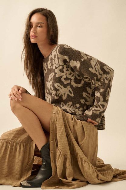  Hailey Floral Jacquard Sweater, Chocolate