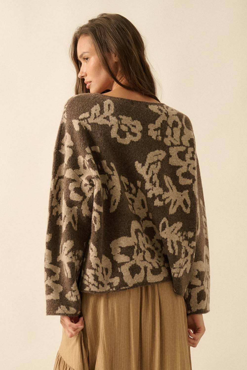  Hailey Floral Jacquard Sweater, Chocolate