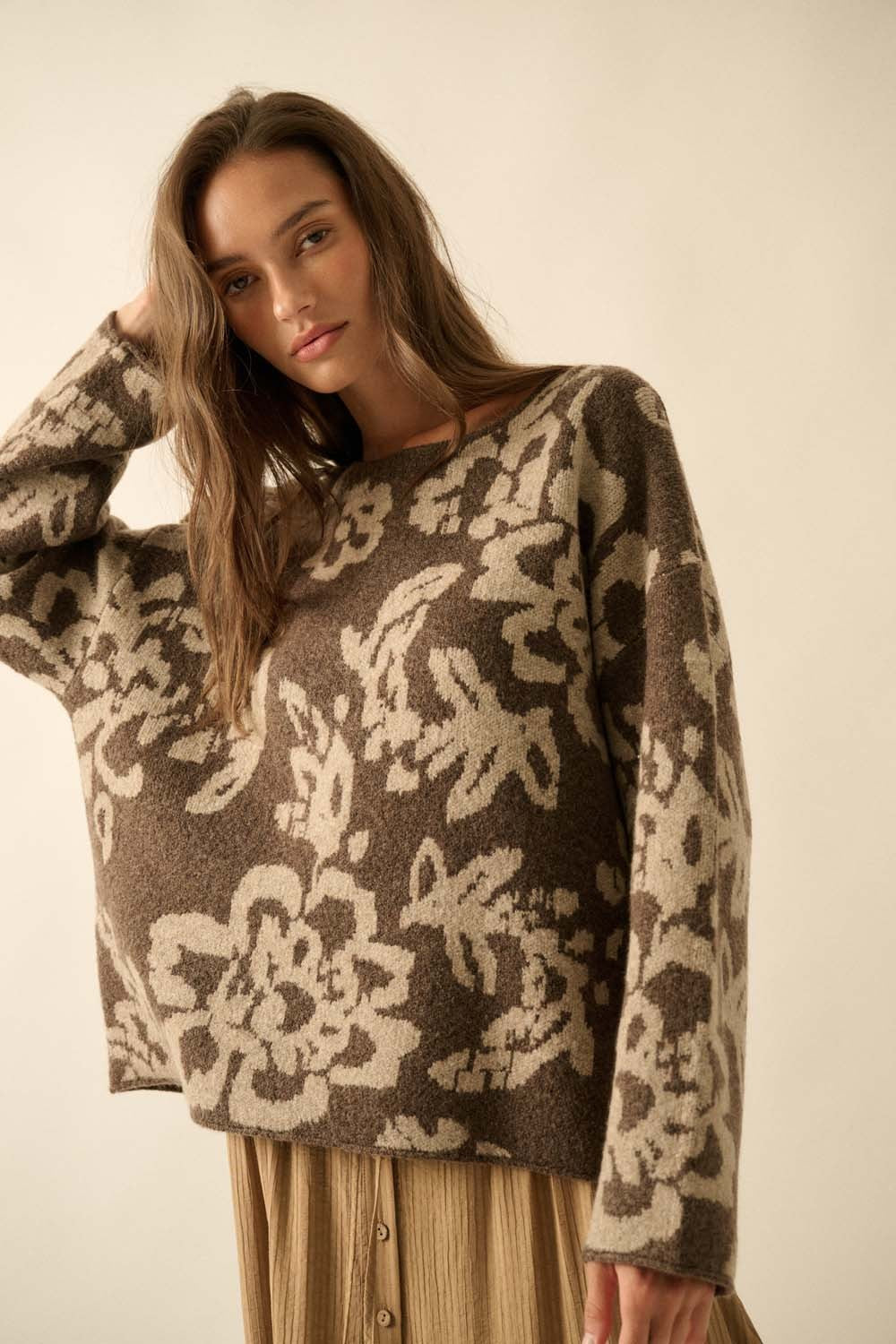  Hailey Floral Jacquard Sweater, Chocolate