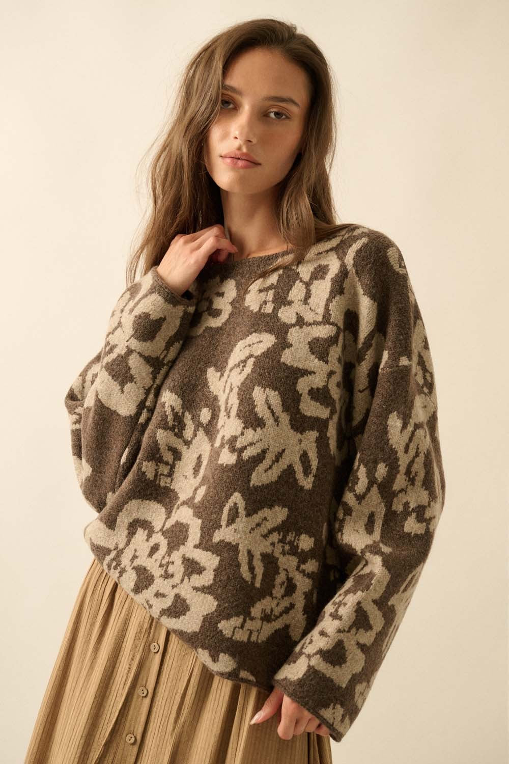  Hailey Floral Jacquard Sweater, Chocolate