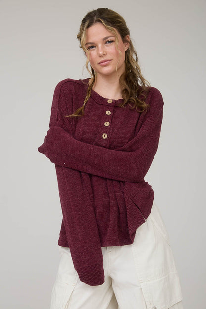  Bindi Henley Knit Top, Burgundy