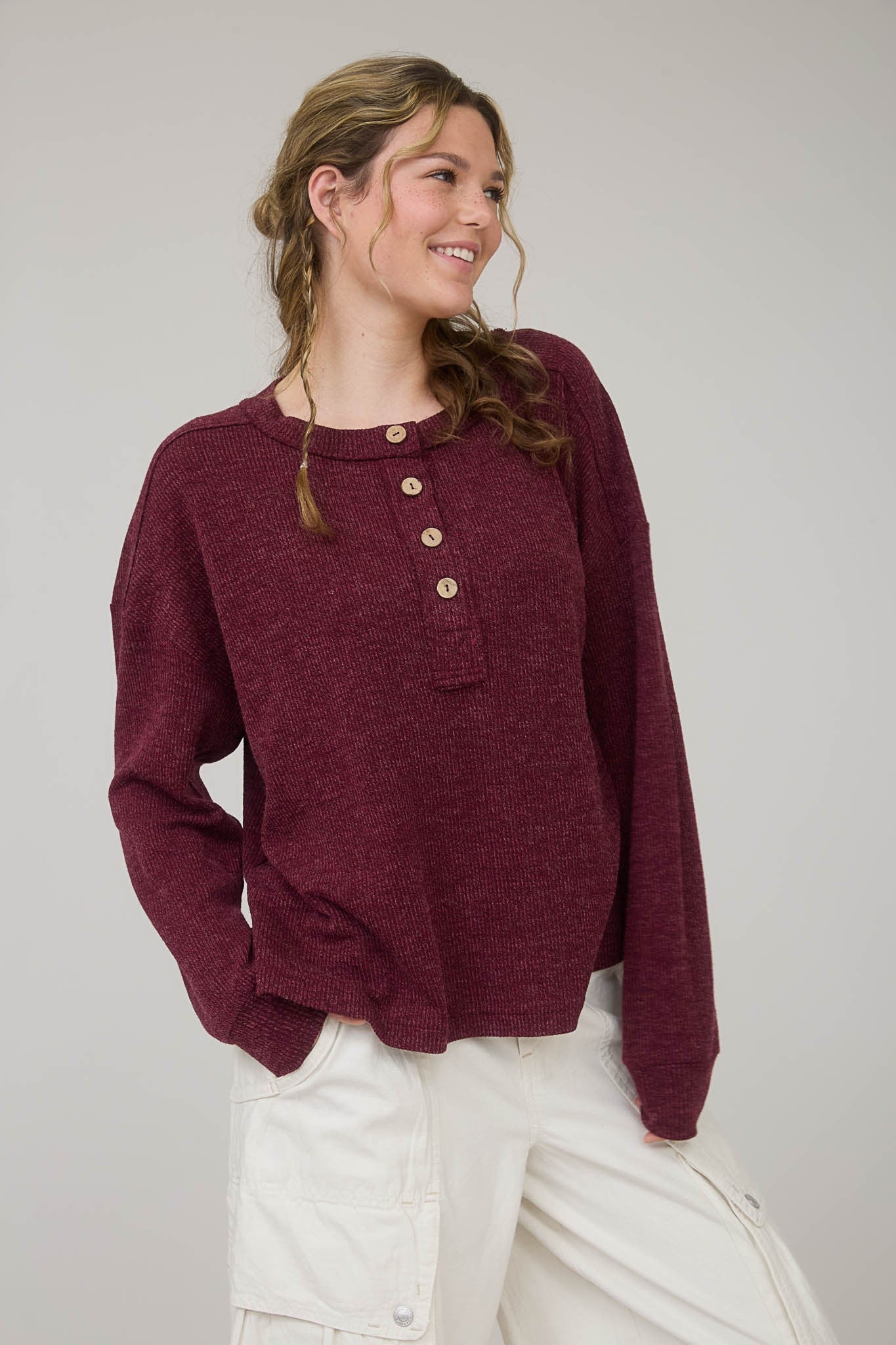  Bindi Henley Knit Top, Burgundy