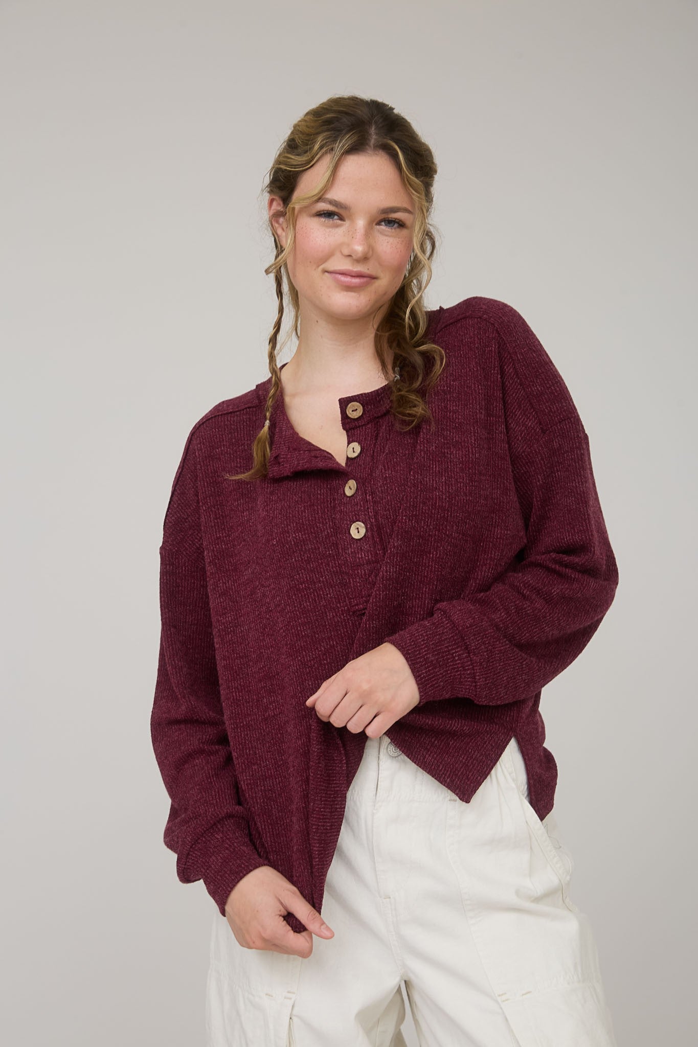  Bindi Henley Knit Top, Burgundy