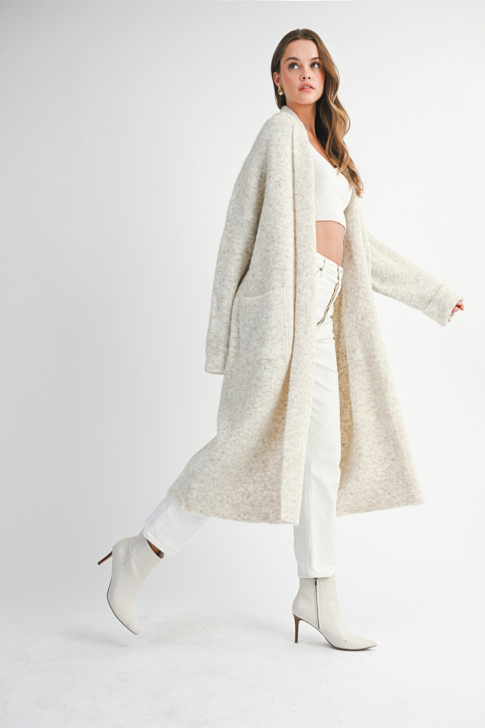  Cadence Long Knit Cardigan, Light Taupe