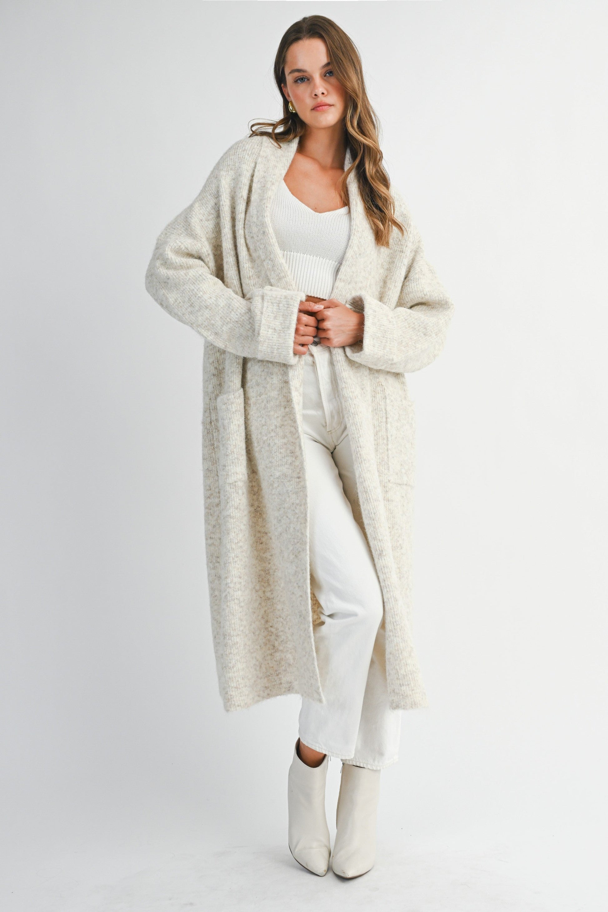  Cadence Long Knit Cardigan, Light Taupe