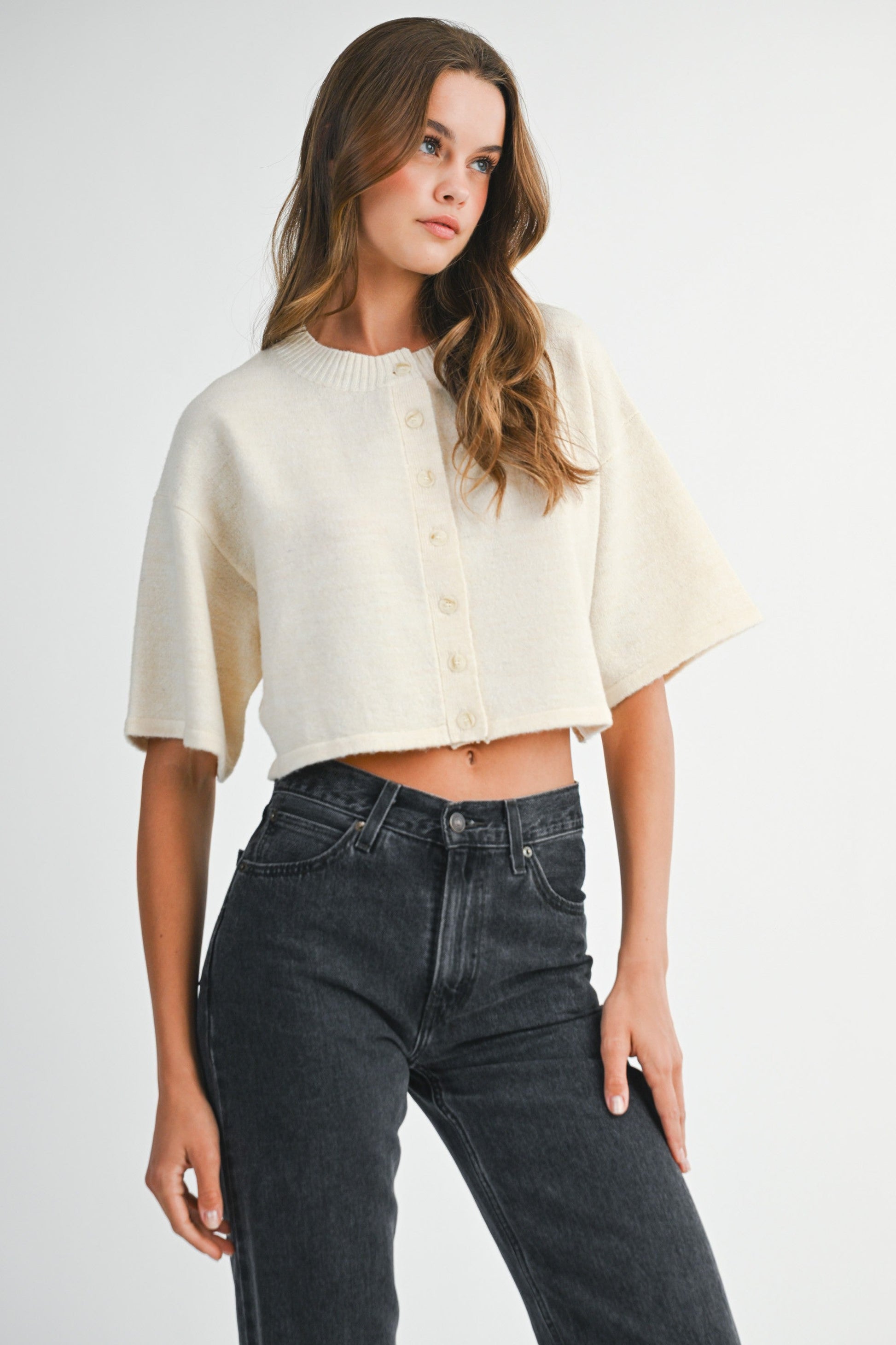  Jeanne Cropped Crew Neck Sweater, Cream
