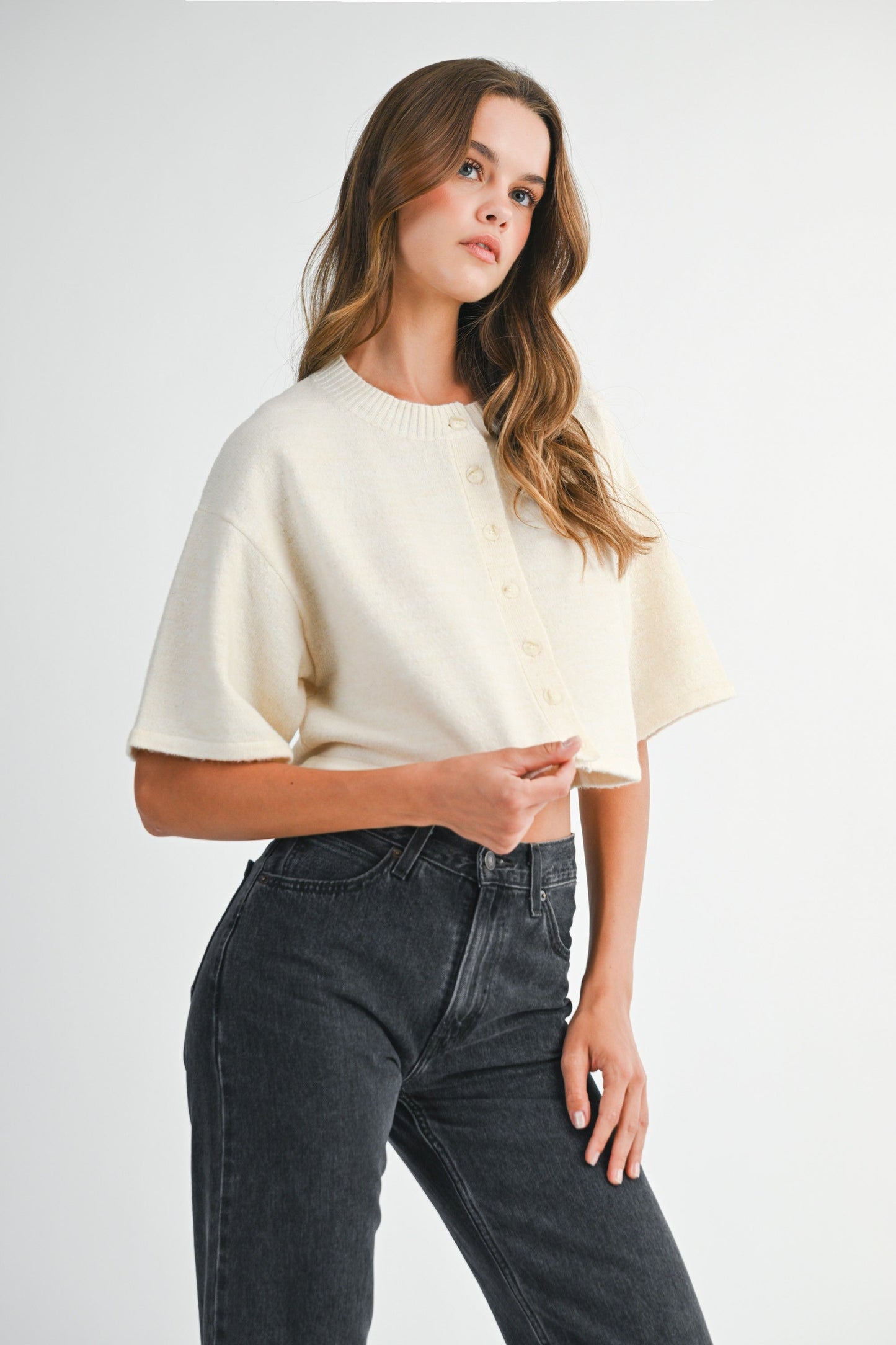  Jeanne Cropped Crew Neck Sweater, Cream