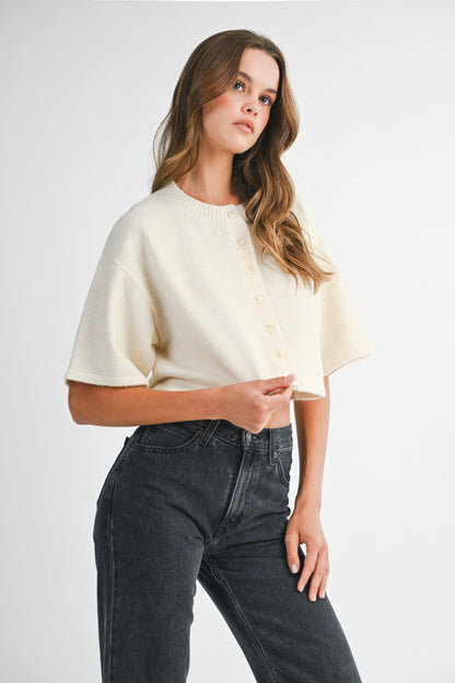  Jeanne Cropped Crew Neck Sweater, Cream