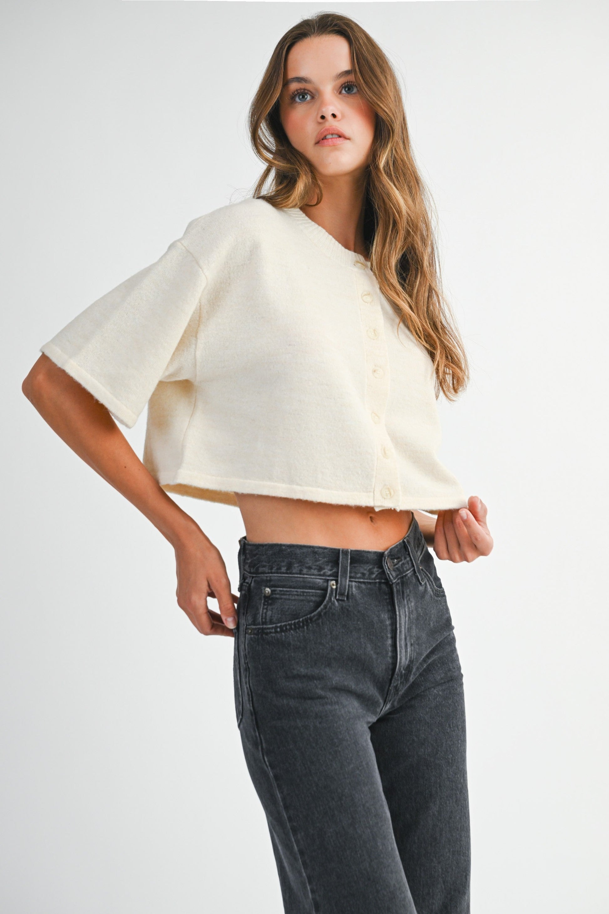  Jeanne Cropped Crew Neck Sweater, Cream