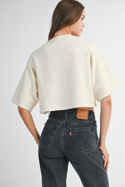  Jeanne Cropped Crew Neck Sweater, Cream
